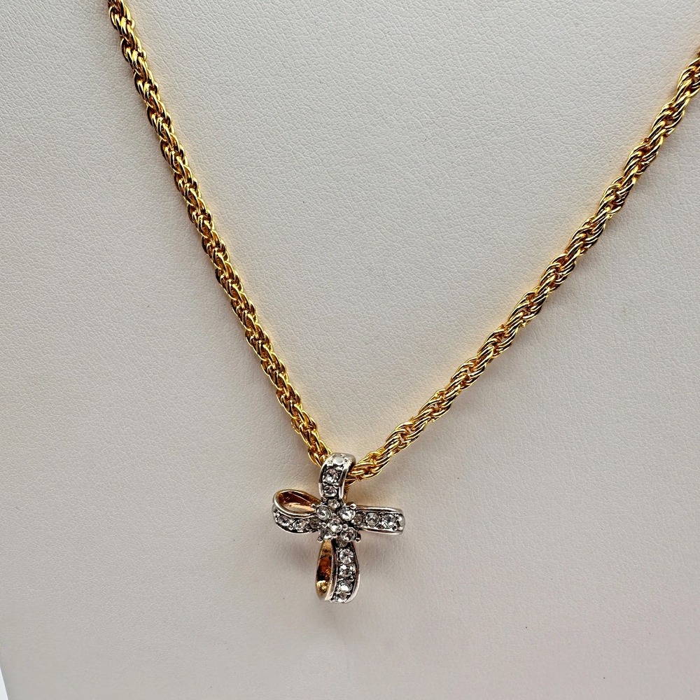 Vintage 90s Gold Tone Rope Chain Necklace Clear Rhinestone Ribbon Cross Pendant